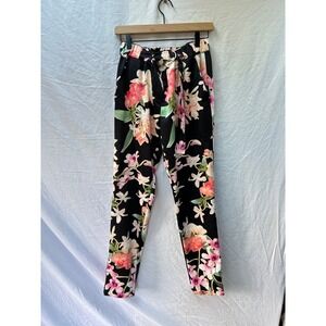 MARCIANO Floral Print Pants Black Pink Orchid Paperbag Waist Belted Small